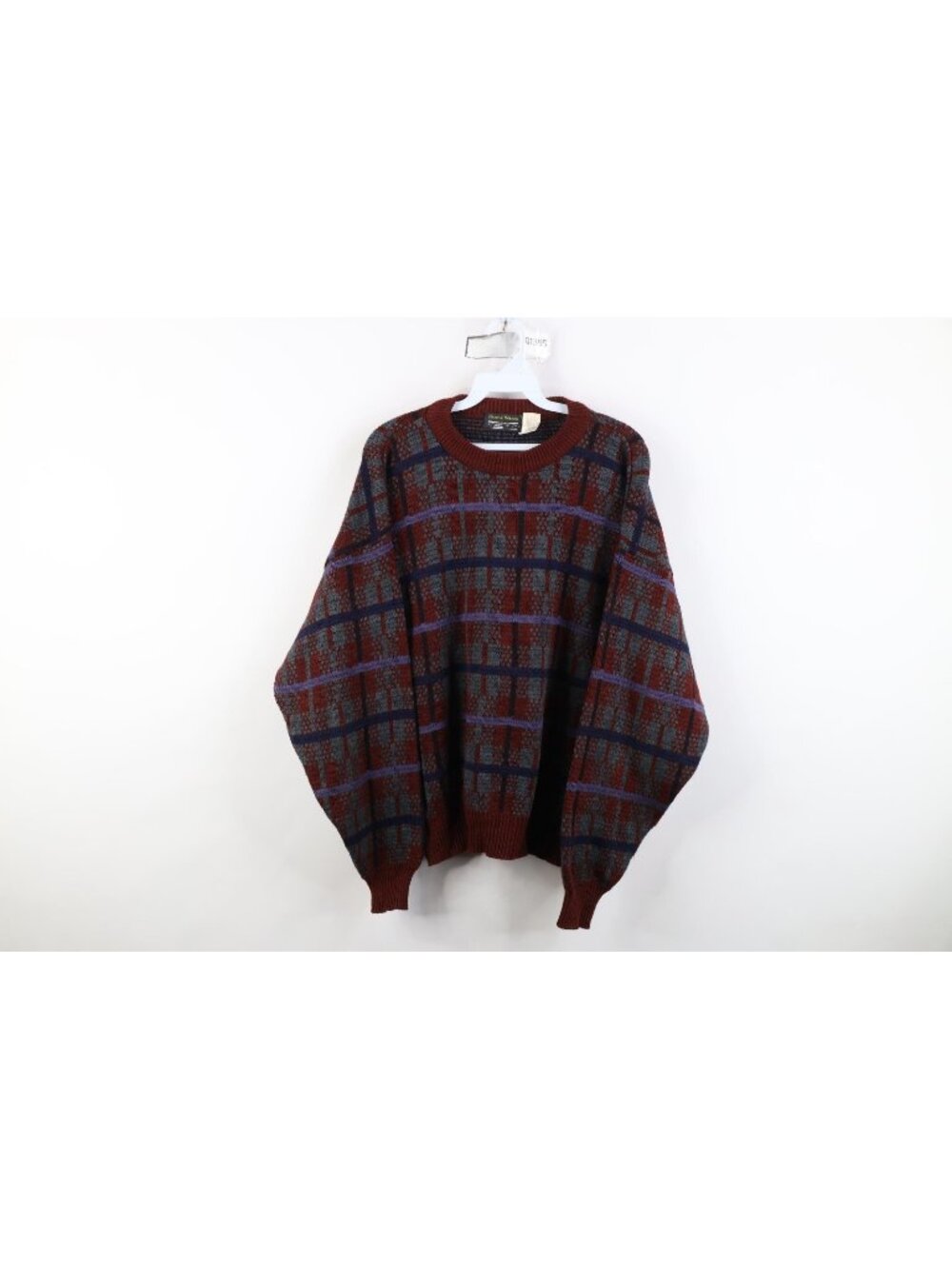 Vintage 90s Streetwear Mens Size Large Striped Checkered Knit Crewneck Sweater
